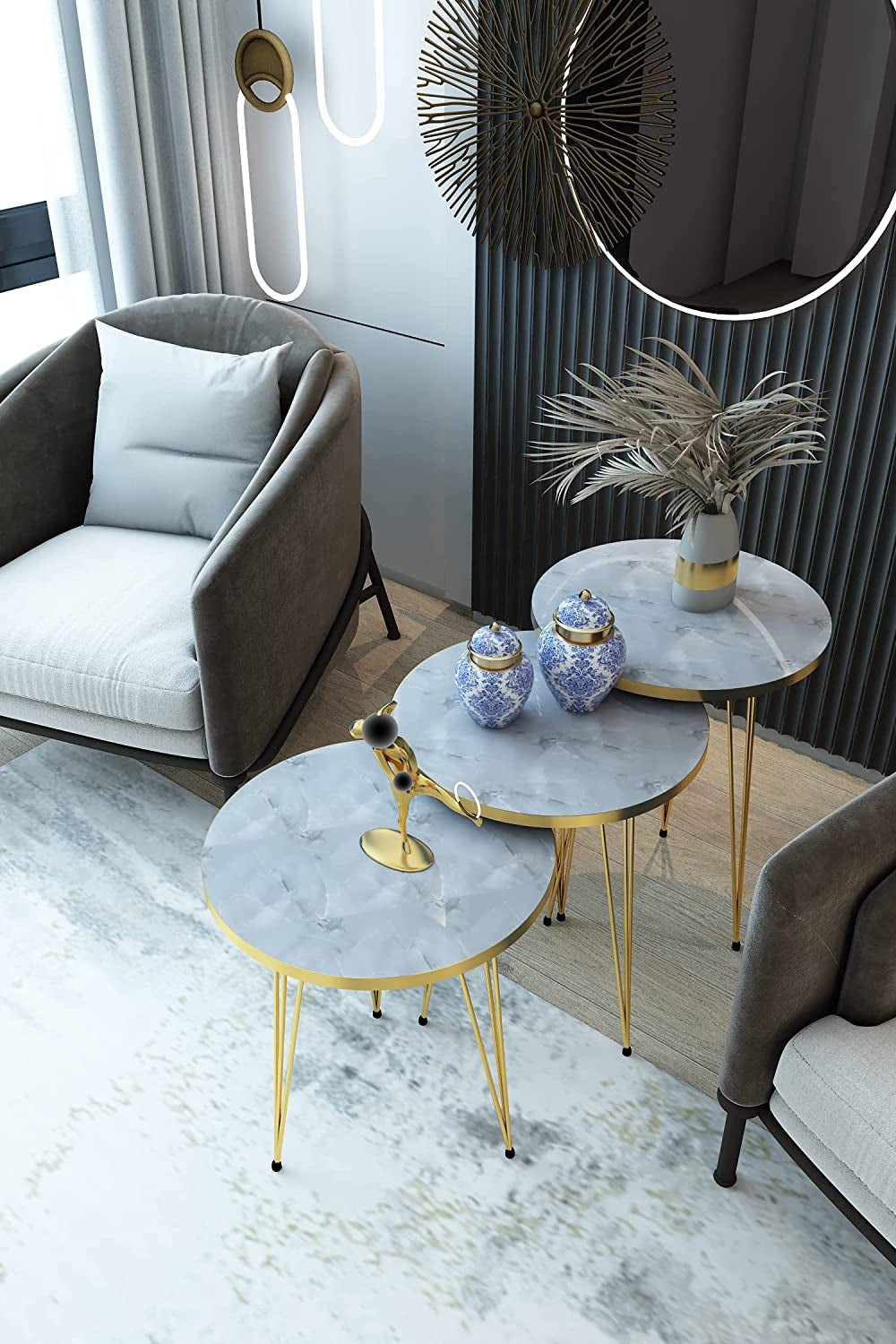 Three Piece Round Nesting End Tables With Marble Gold Legs