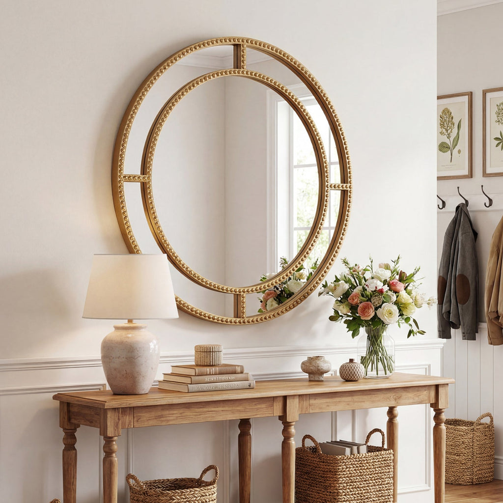 Round Beaded Frame Wall Mirror - Gold