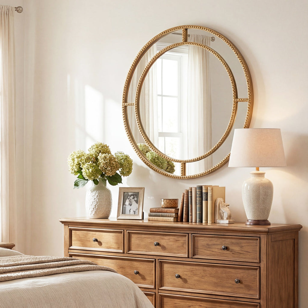 Round Beaded Frame Wall Mirror - Gold