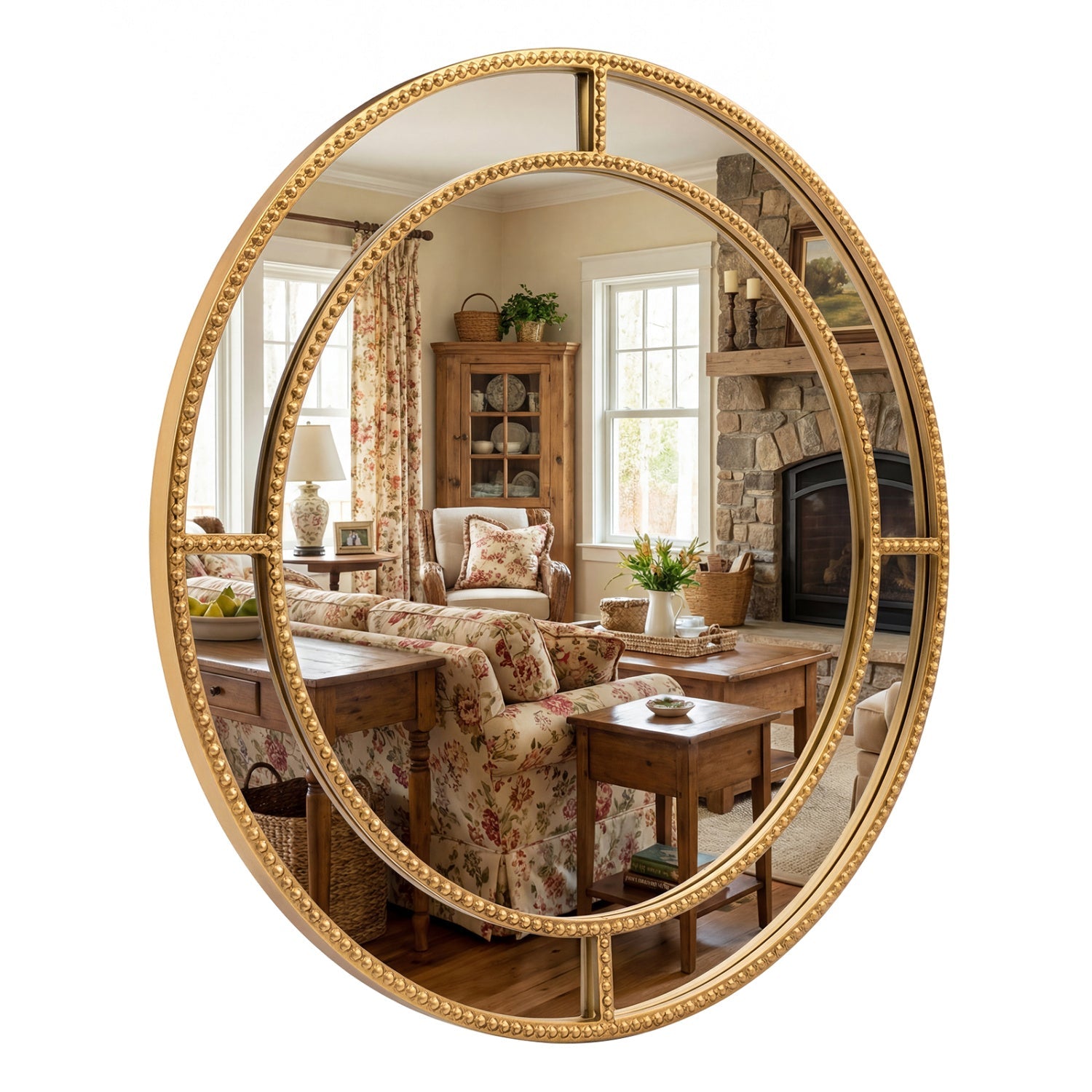 Round Beaded Frame Wall Mirror - Gold