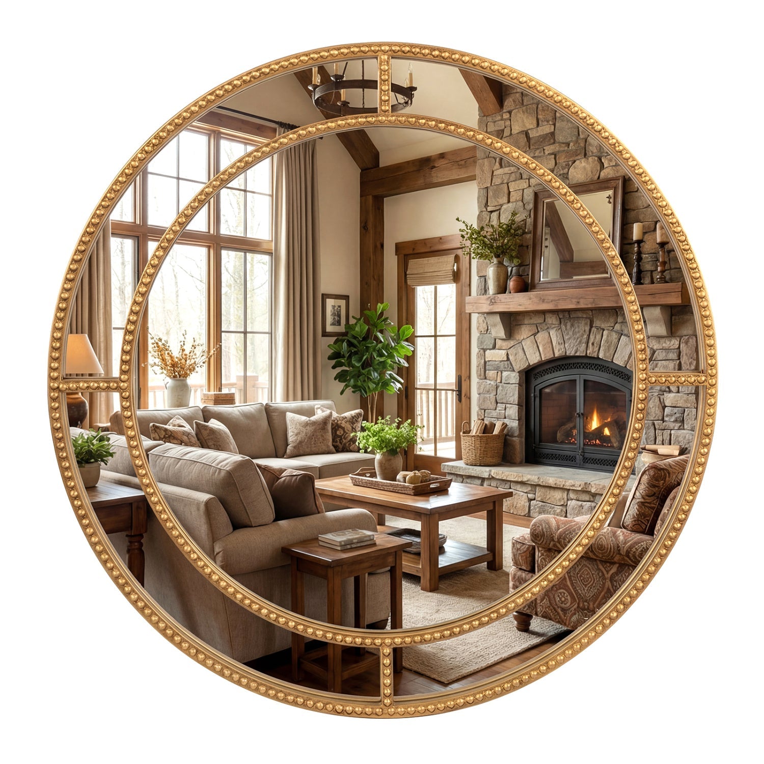 Round Beaded Frame Wall Mirror - Gold