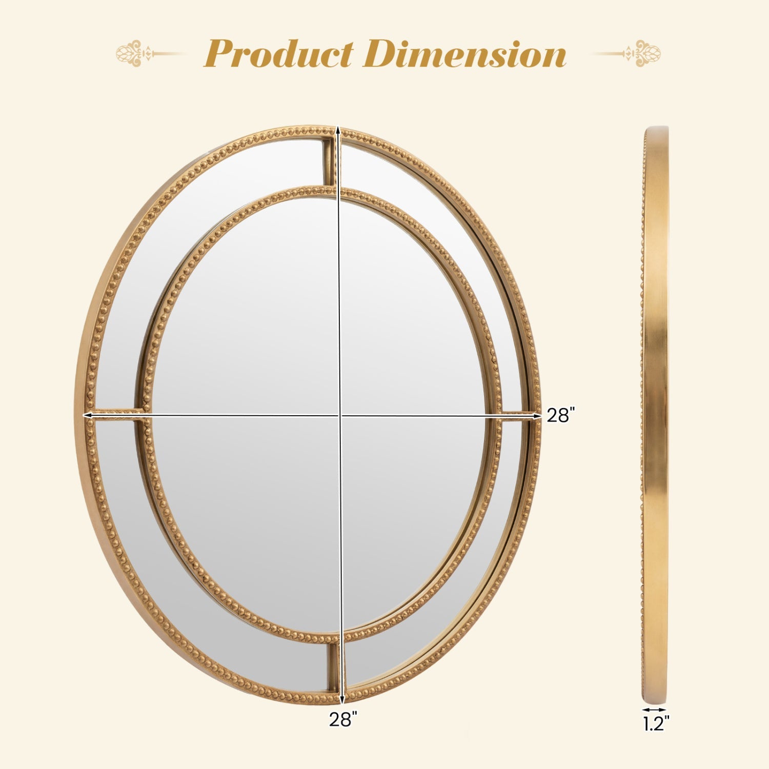Round Beaded Frame Wall Mirror - Gold