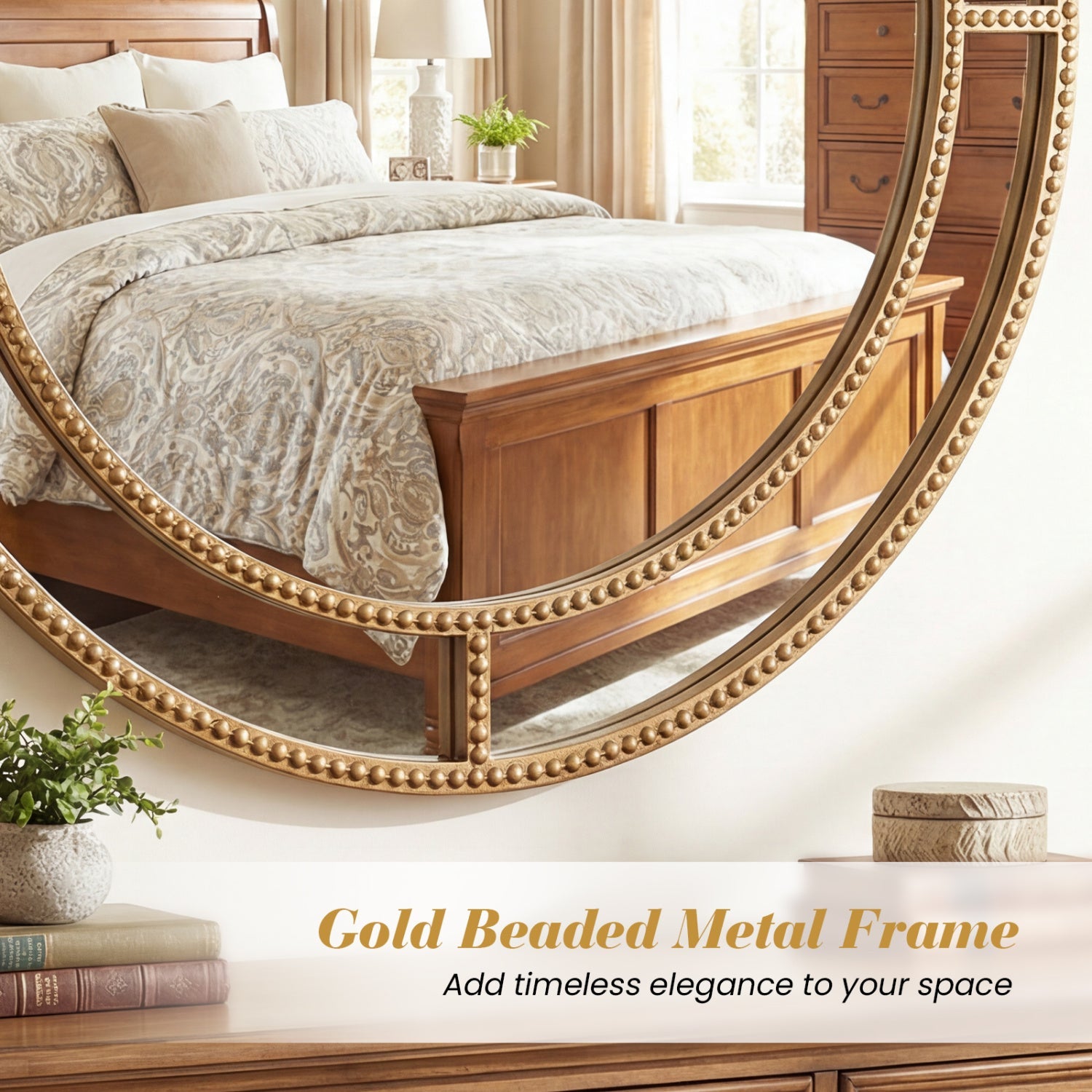 Round Beaded Frame Wall Mirror - Gold