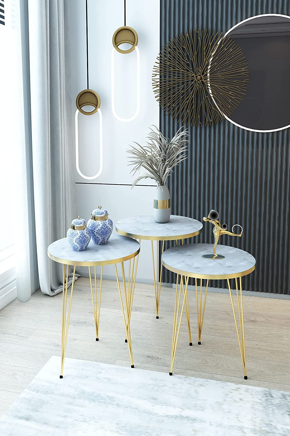 Three Piece Round Nesting End Tables With Marble Gold Legs