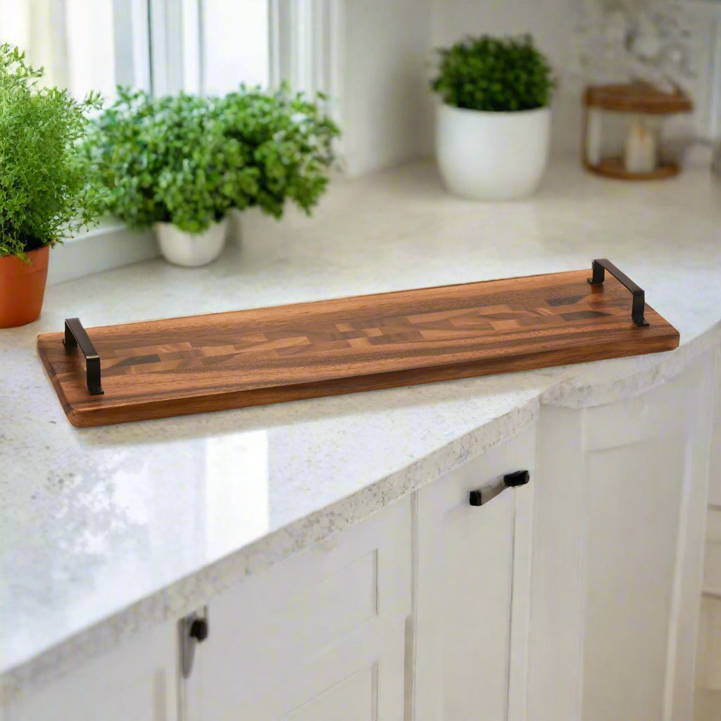 Acacia Wood Decorative Display Tray with Metal Handles
