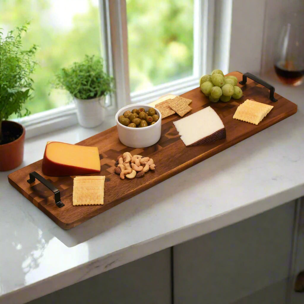 Acacia Wood Decorative Display Tray with Metal Handles