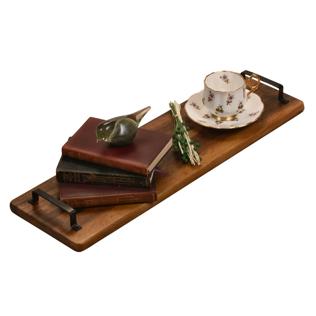 Acacia Wood Decorative Display Tray with Metal Handles