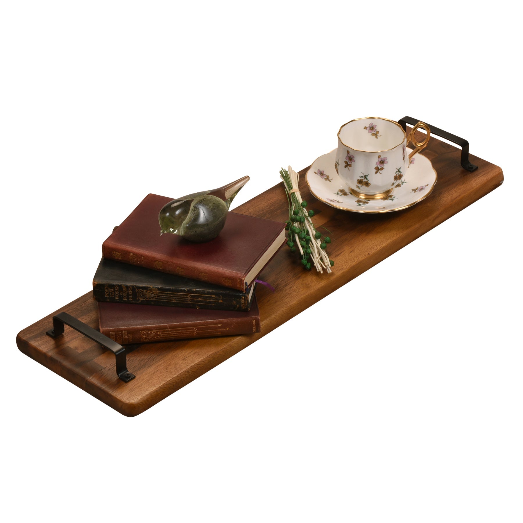 Acacia Wood Decorative Display Tray with Metal Handles