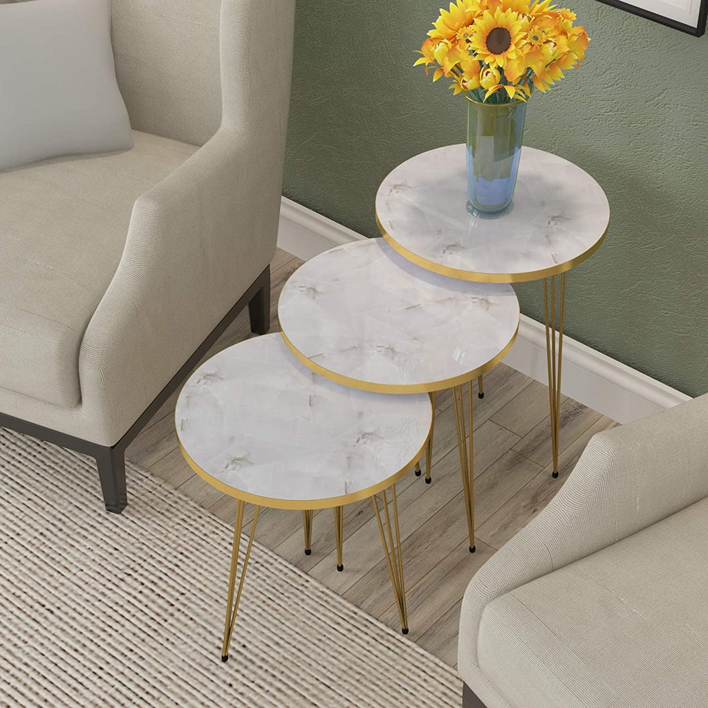 Three Piece Round Nesting End Tables With Marble Gold Legs