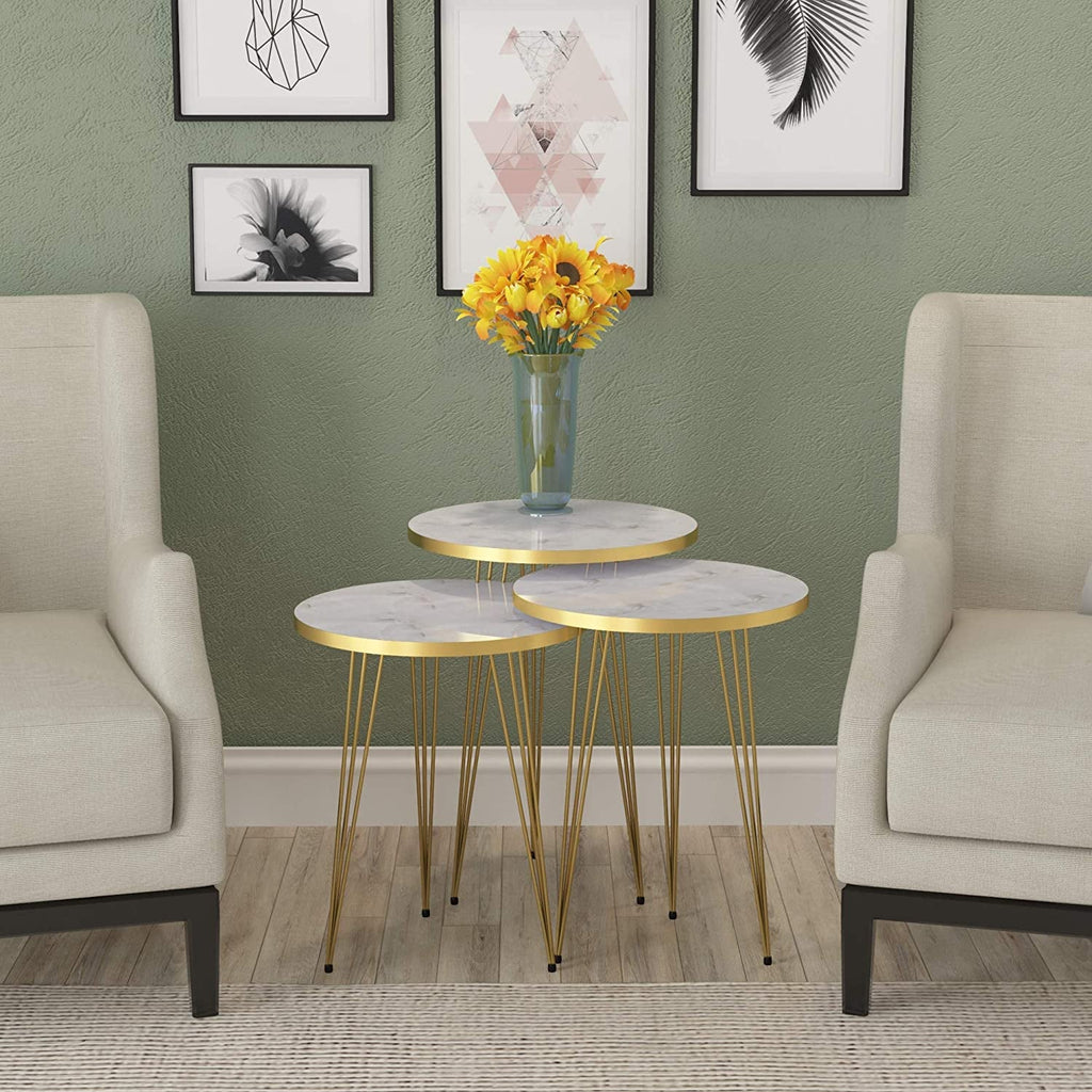 Three Piece Round Nesting End Tables With Marble Gold Legs