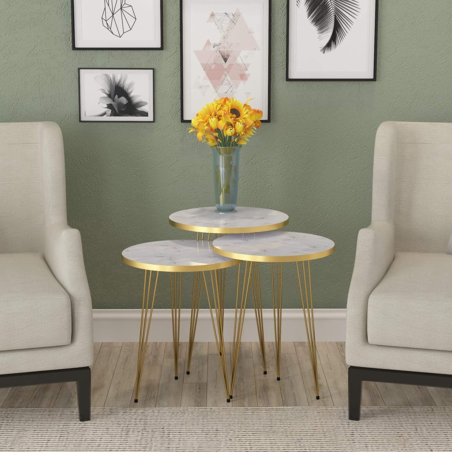 Three Piece Round Nesting End Tables With Marble Gold Legs
