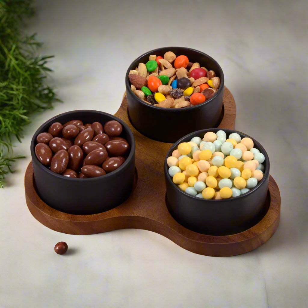 Acacia Wood Triangular Display Set with Ceramic Dishes