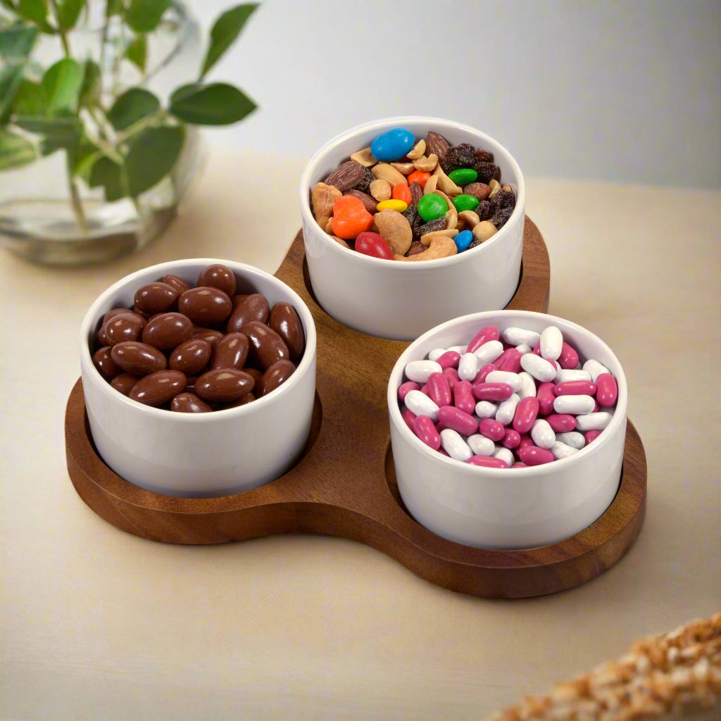 Acacia Wood Triangular Display Set with Ceramic Dishes