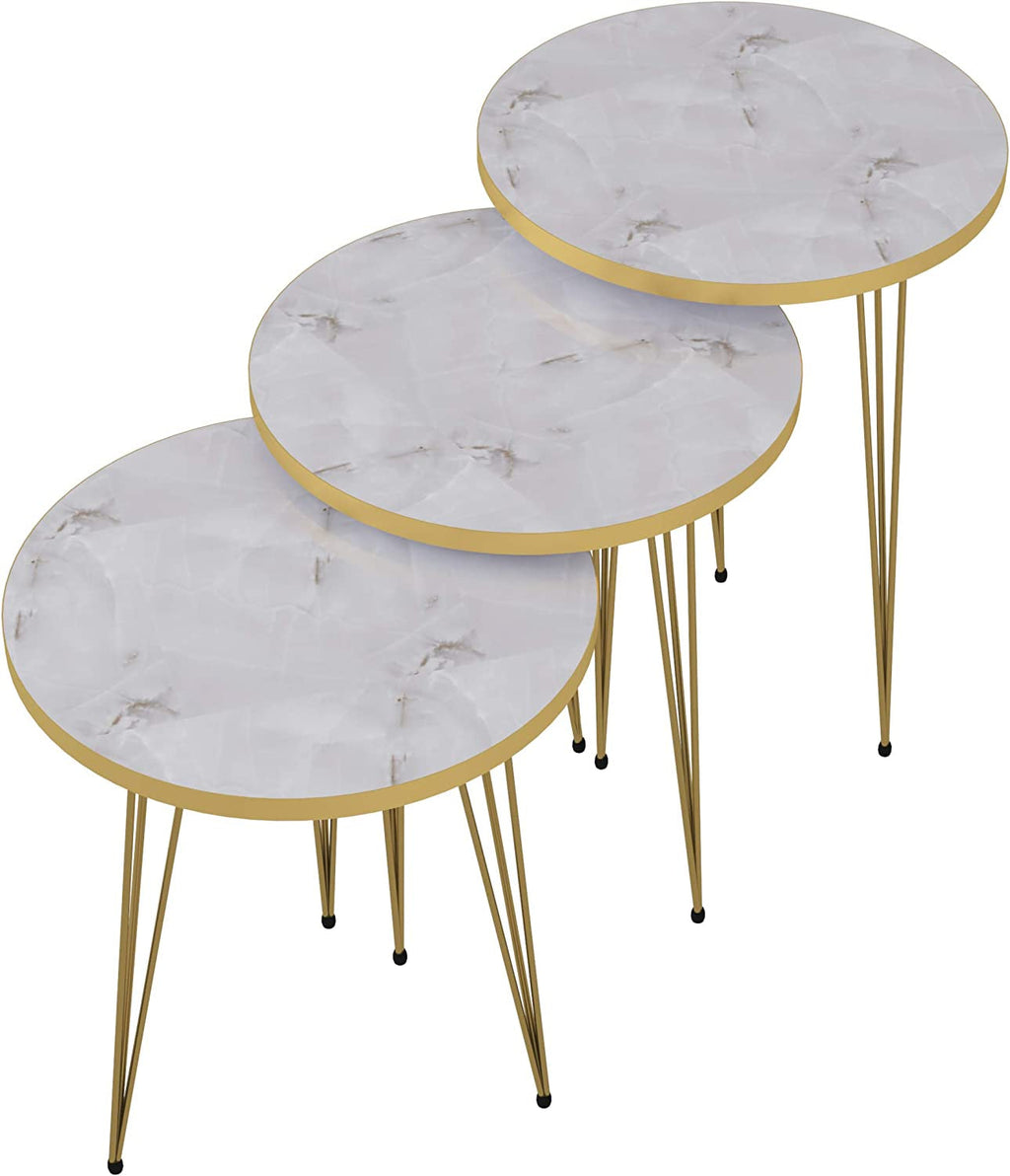 Three Piece Round Nesting End Tables With Marble Gold Legs