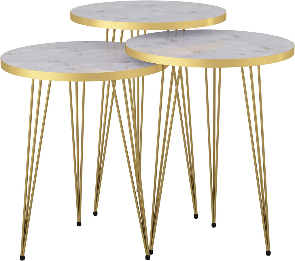Three Piece Round Nesting End Tables With Marble Gold Legs