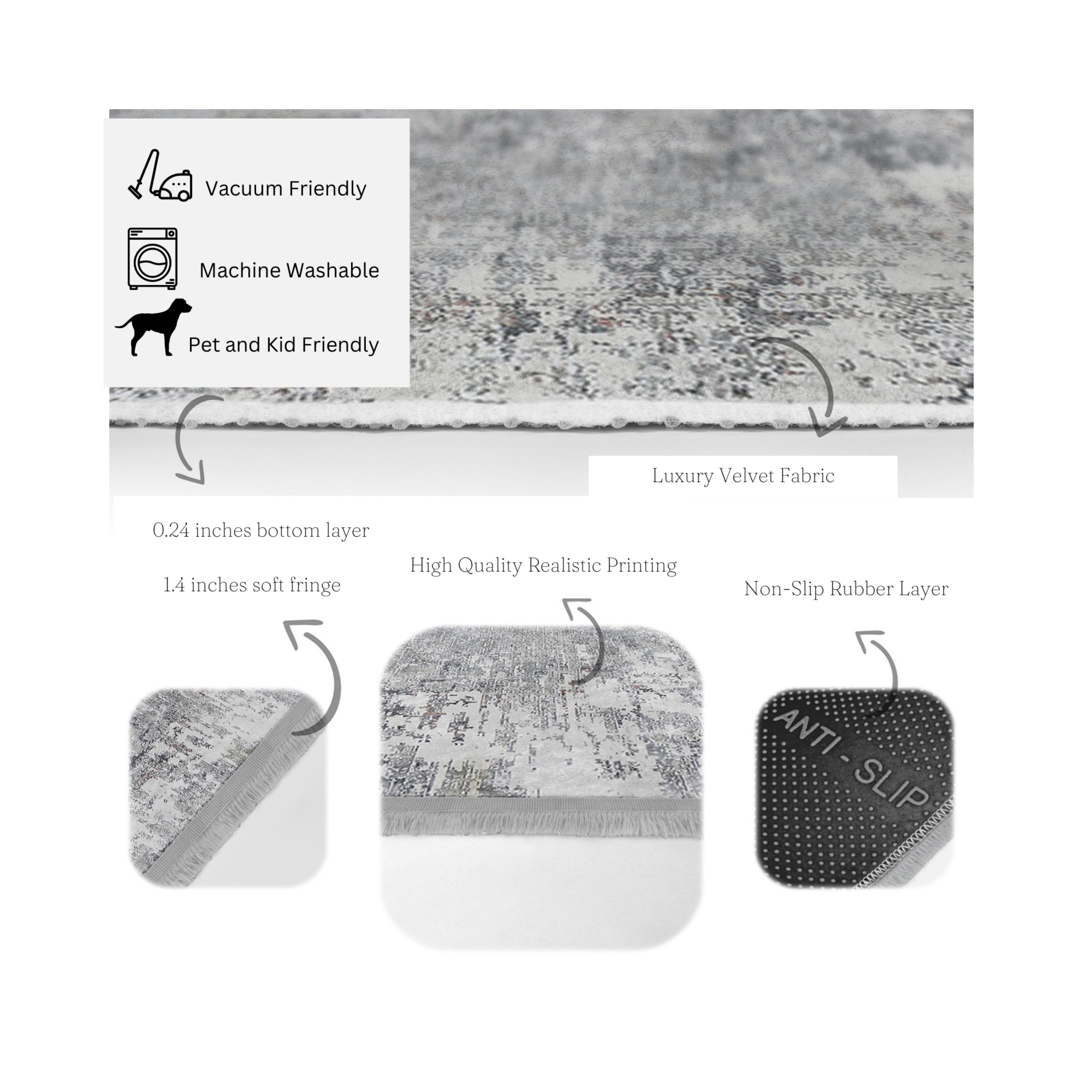 Grey Bedroom Washable Area Rug