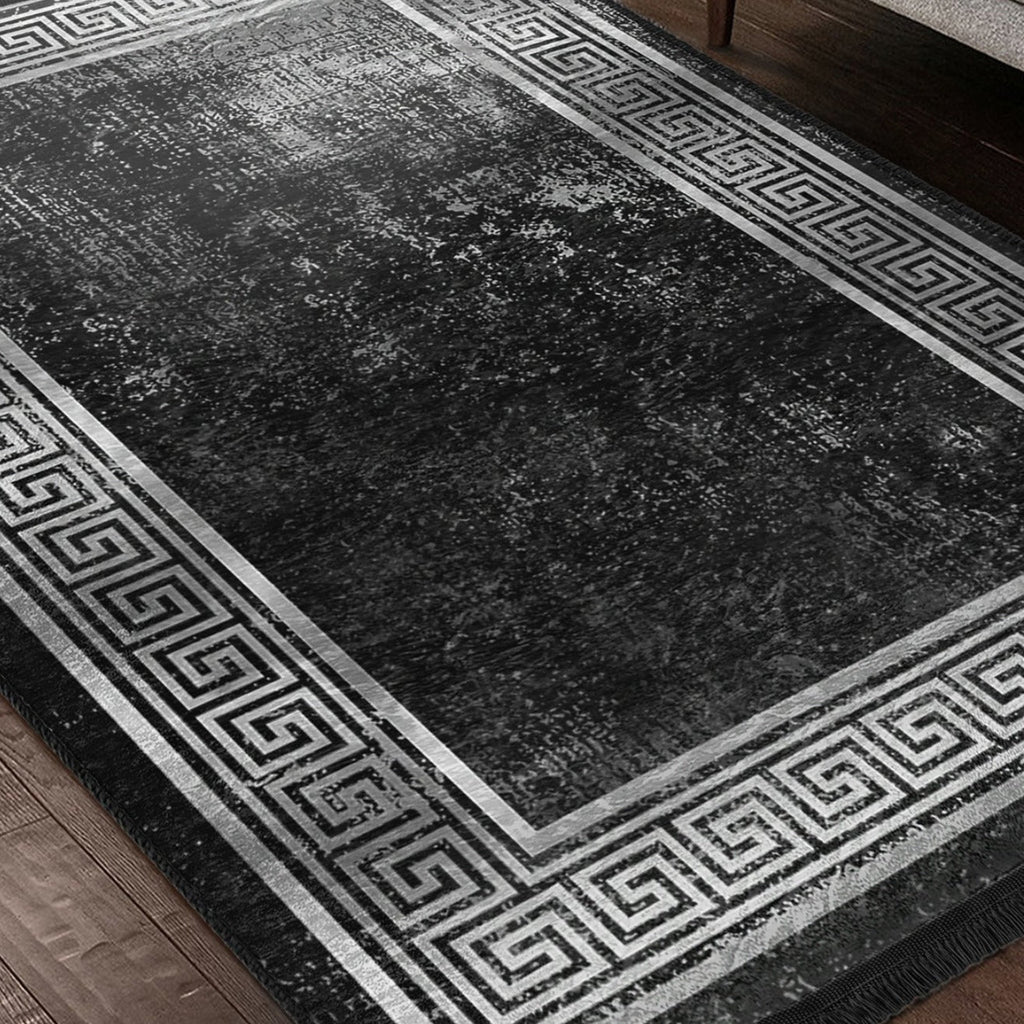 Black Geometric Vintage Washable Area Rug