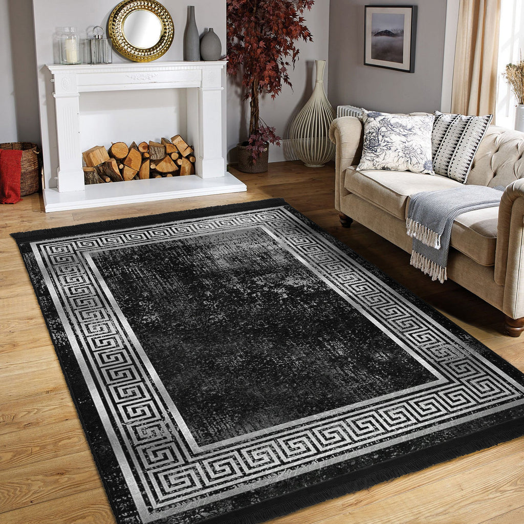 Black Geometric Vintage Washable Area Rug