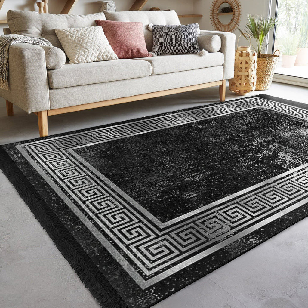 Black Geometric Vintage Washable Area Rug