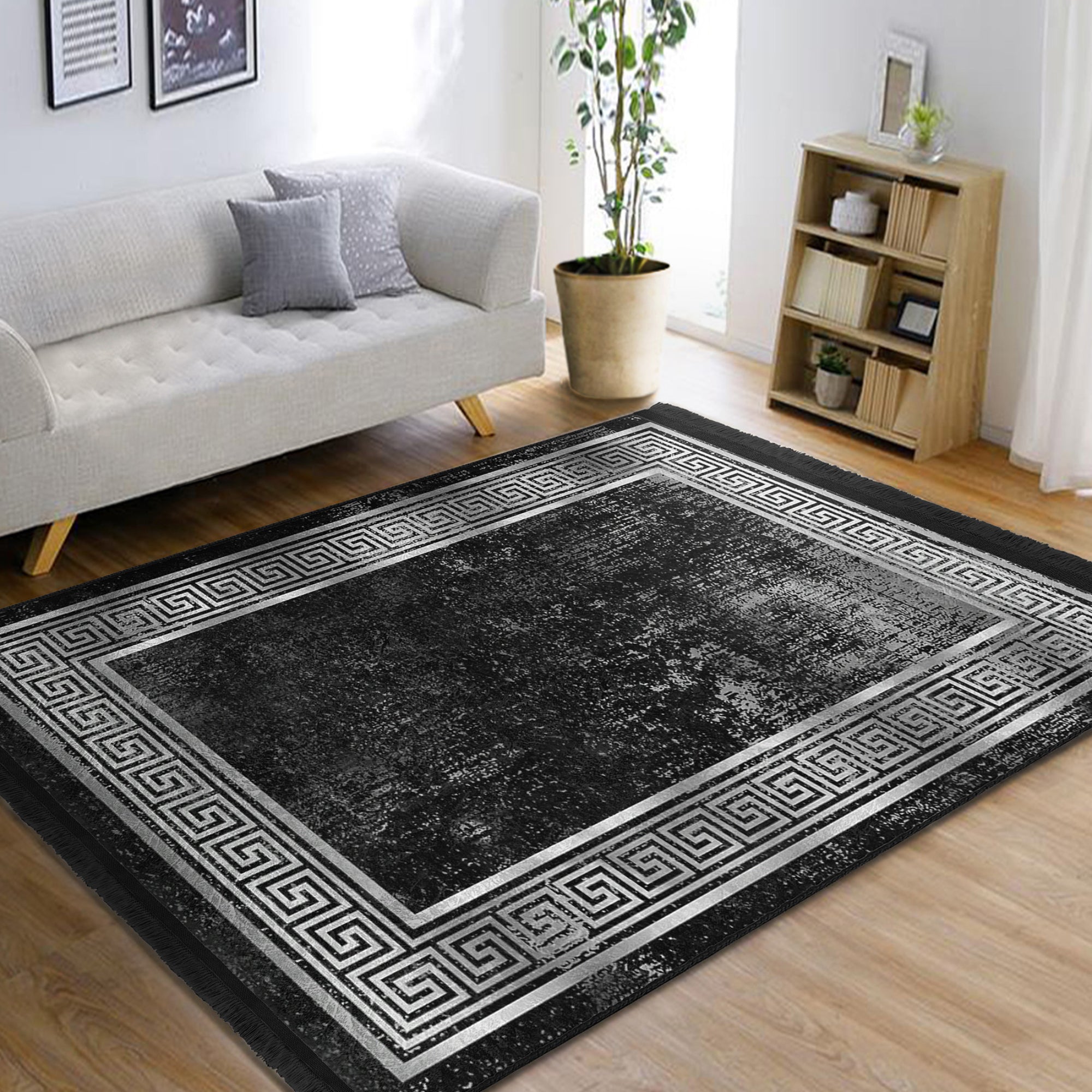 Black Geometric Vintage Washable Area Rug