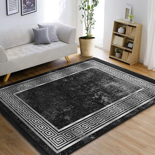 Black Geometric Vintage Washable Area Rug