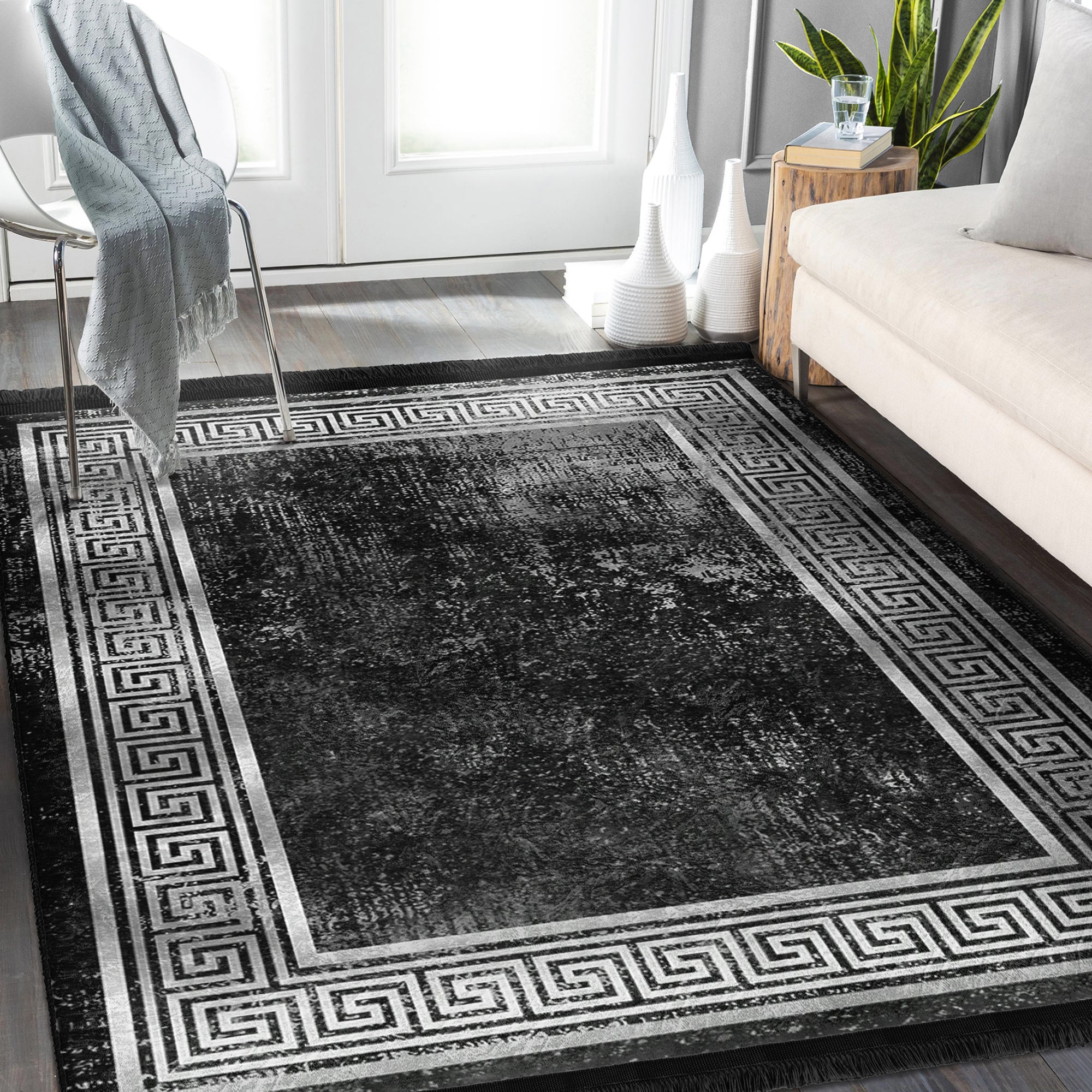Black Geometric Vintage Washable Area Rug