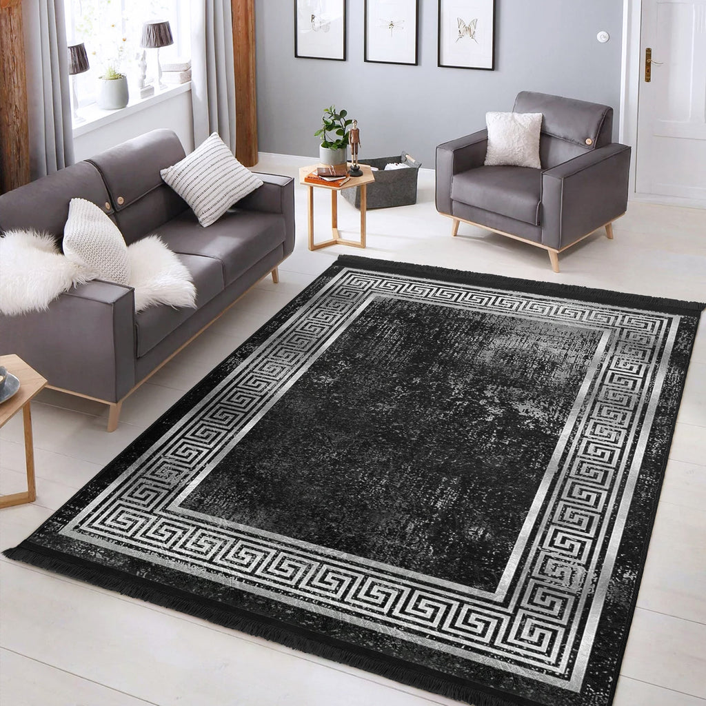 Black Geometric Vintage Washable Area Rug