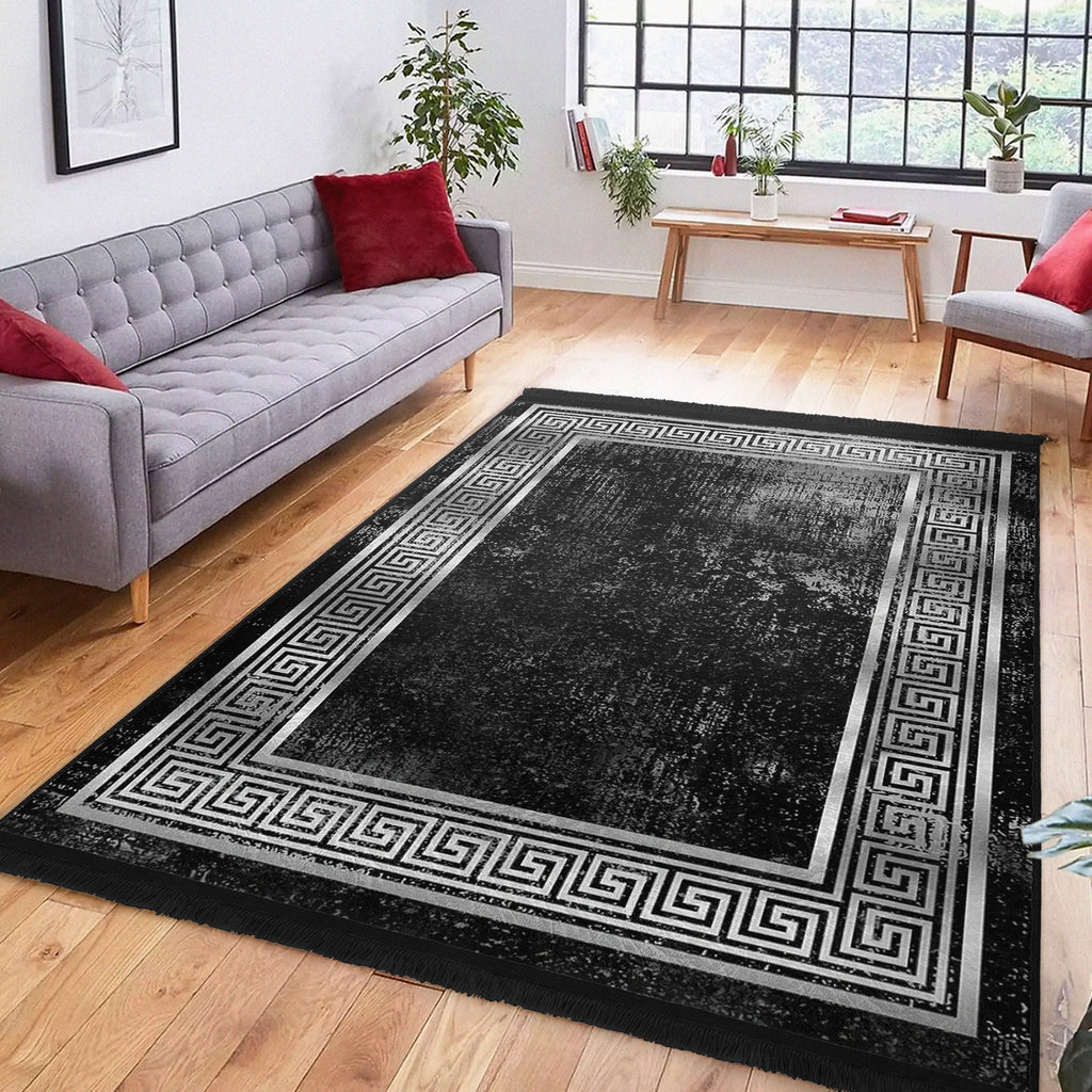 Black Geometric Vintage Washable Area Rug