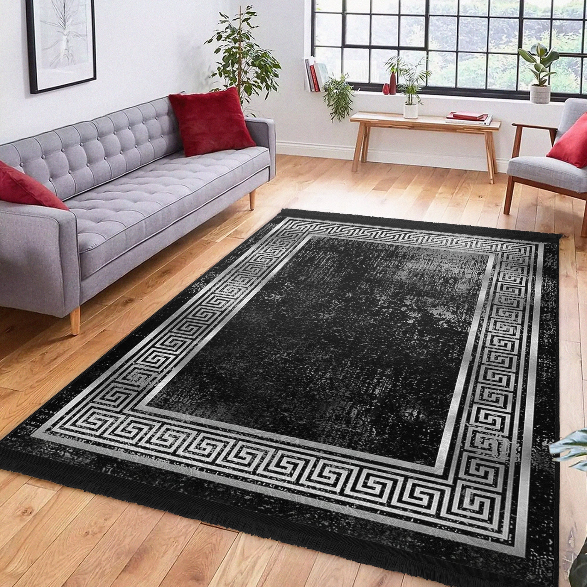 Black Geometric Vintage Washable Area Rug