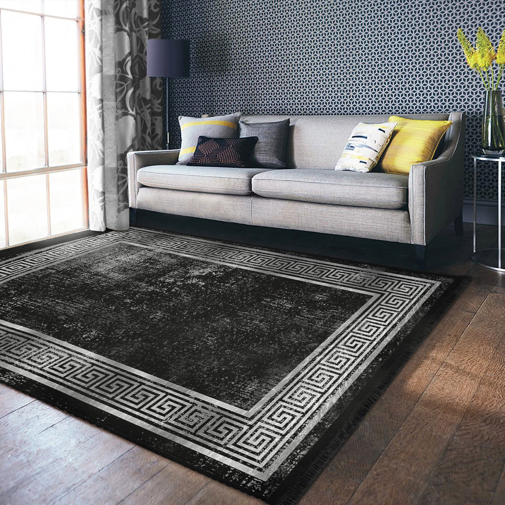 Black Geometric Vintage Washable Area Rug