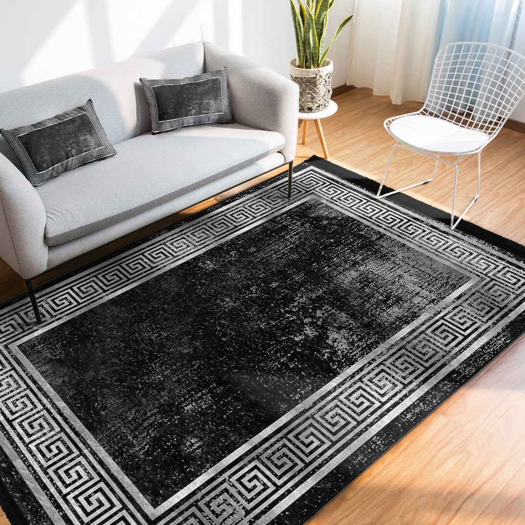 Black Geometric Vintage Washable Area Rug