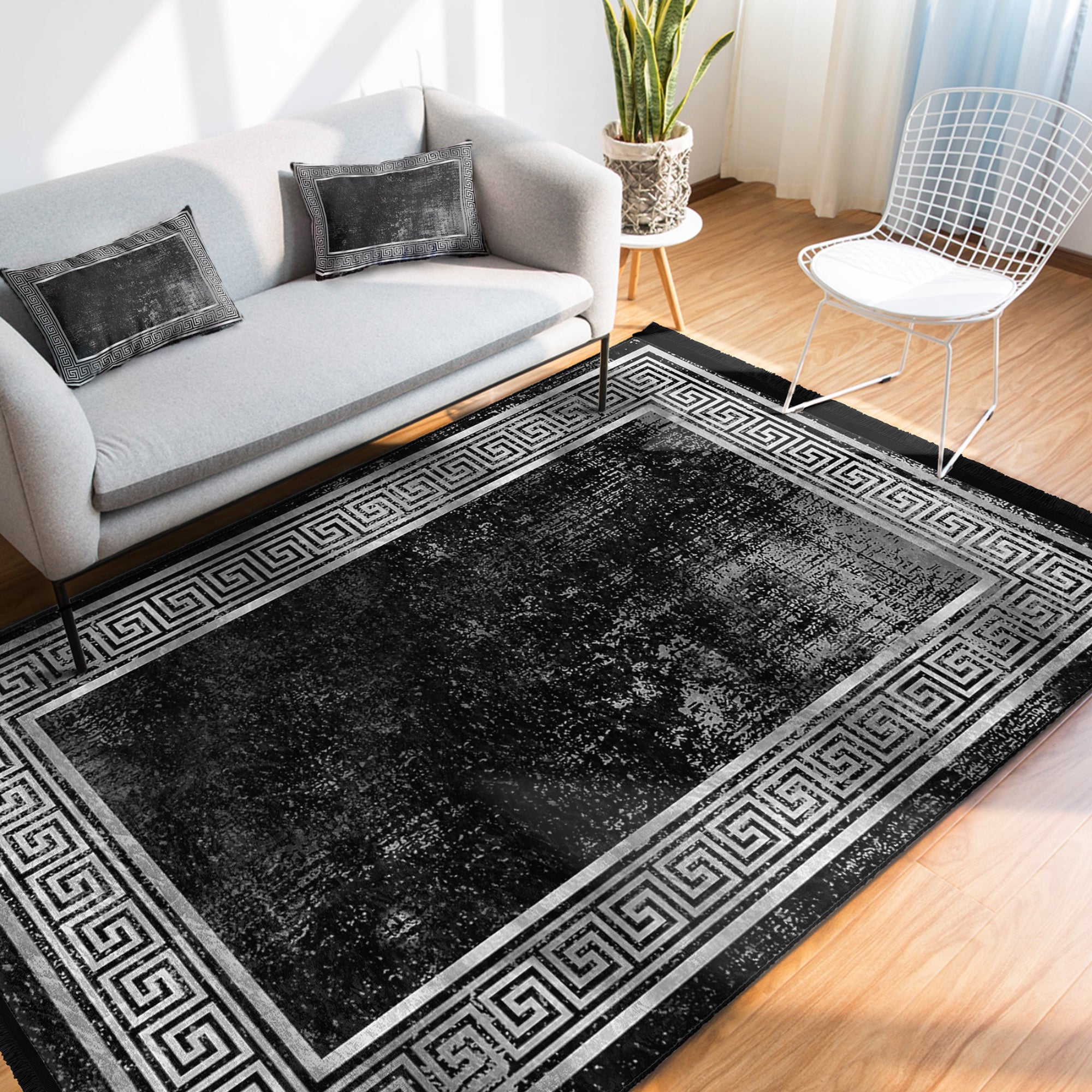 Black Geometric Vintage Washable Area Rug