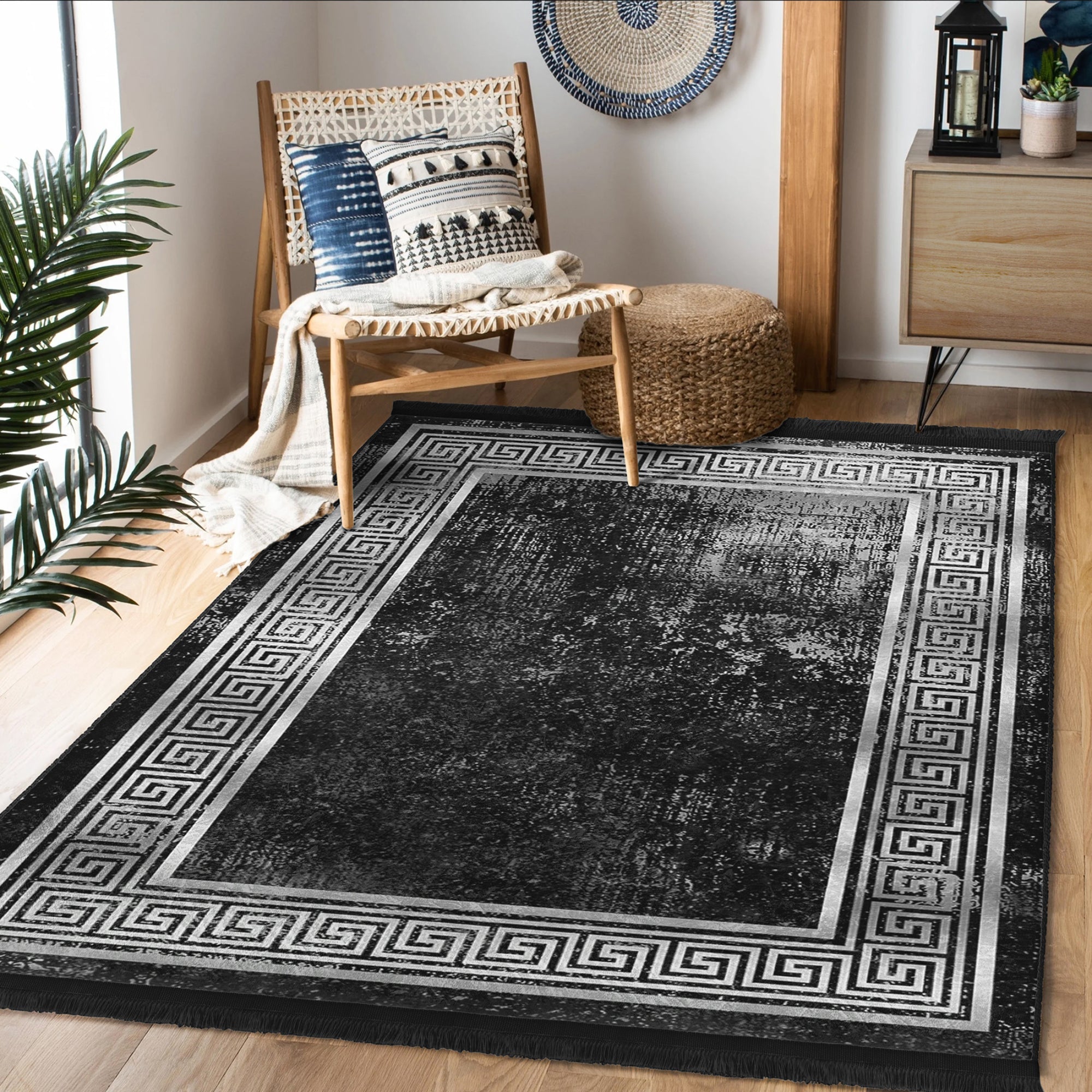 Black Geometric Vintage Washable Area Rug