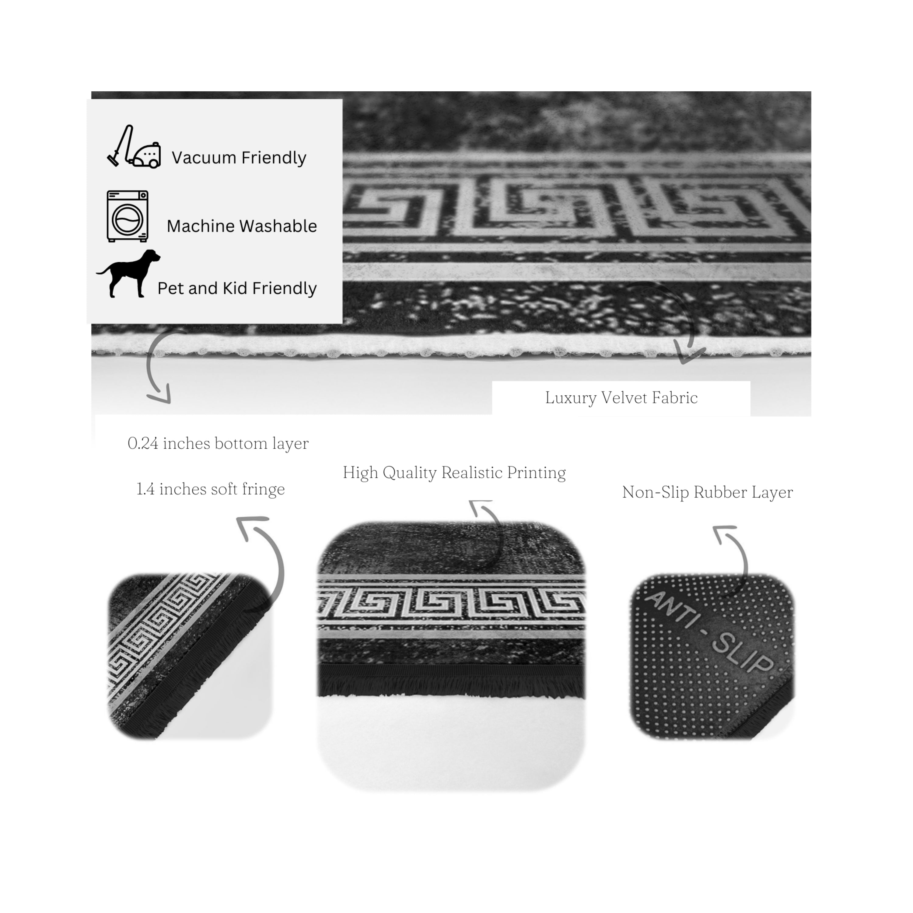 Black Geometric Vintage Washable Area Rug